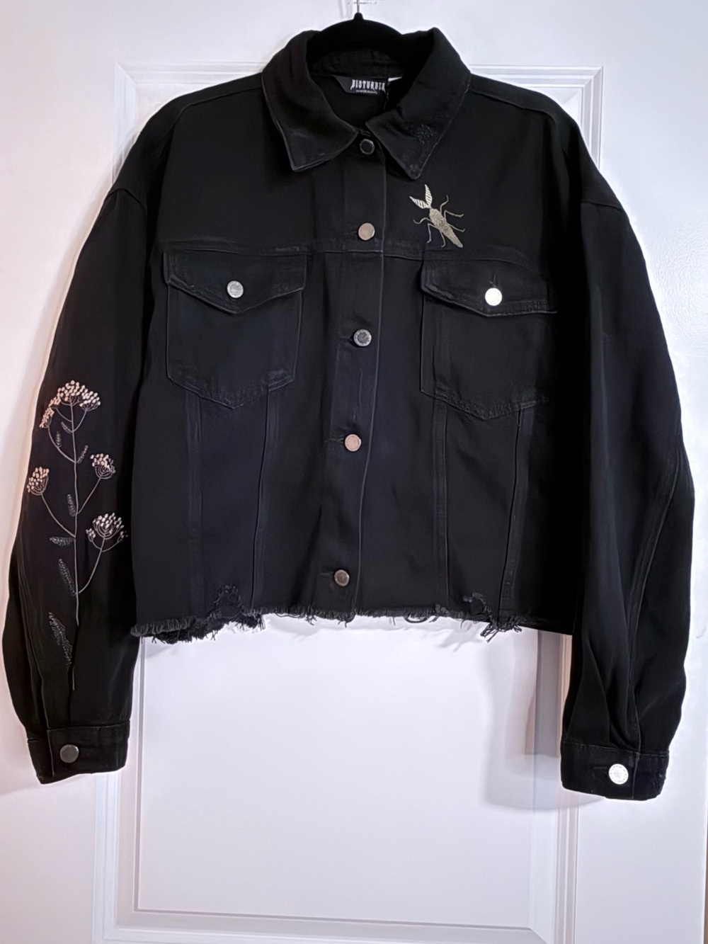 NWT Disturbia Griffinfly Embroidered Distressed Black Denim Jacket US10 sold out - Picture 4 of 13